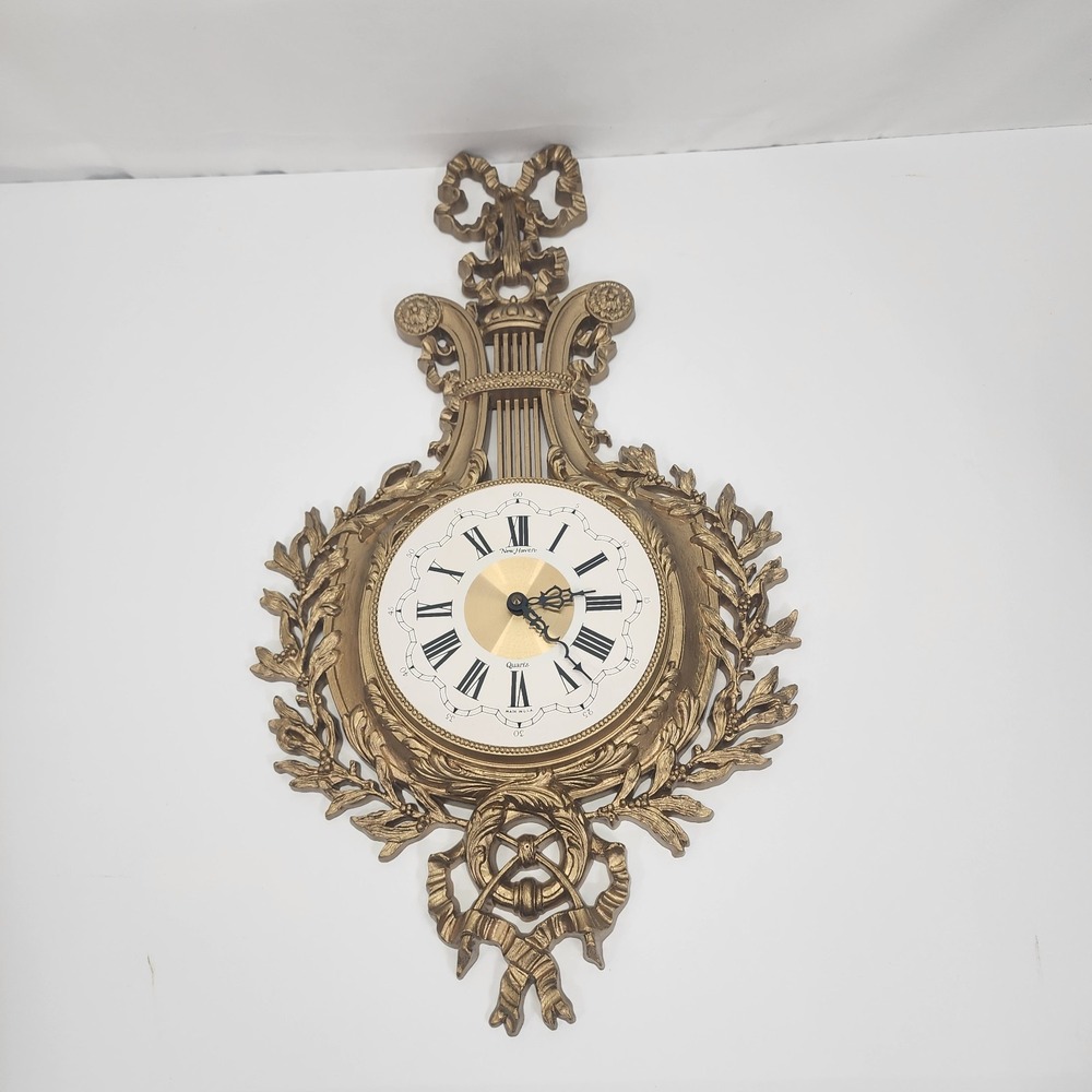 Vintage New Haven Burwood Gold Lyre Wall Clock Quartz USA Hollywood Regency